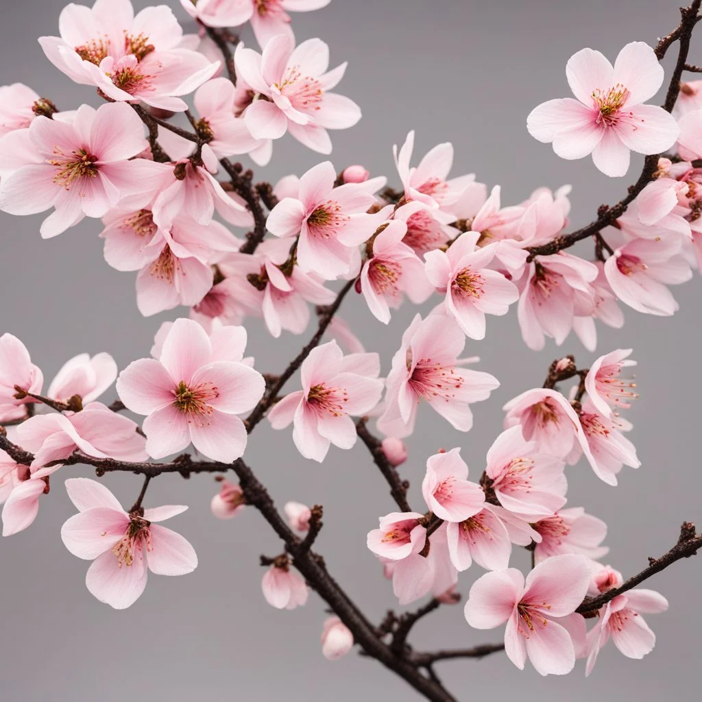 The cherry blossom branches would be depicted with thin and graceful lines, capturing their natural flow and organic structure. The branches may have a slightly wavy or curved appearance, giving them a more realistic and dynamic feel. Buds can be included alongside the fully bloomed flowers, showcasing the different stages of the cherry blossom's life cycle. These buds can be depicted as small, rounded shapes, often positioned close to the main flower or scattered along the branches. Leaves can