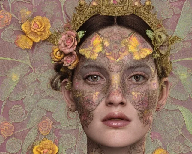 upper bust portrait, the queen of butterflies, coloured paint like butterfly wings on face in symmetrical pattern, intricate metal work crown, extremely detailed clothing, in a field of roses, 8k resolution concept art, dynamic lighting, intricately detailed, hyperdetailed, beautiful, ethereal, elegant, golden hour, (butterfly), gothic