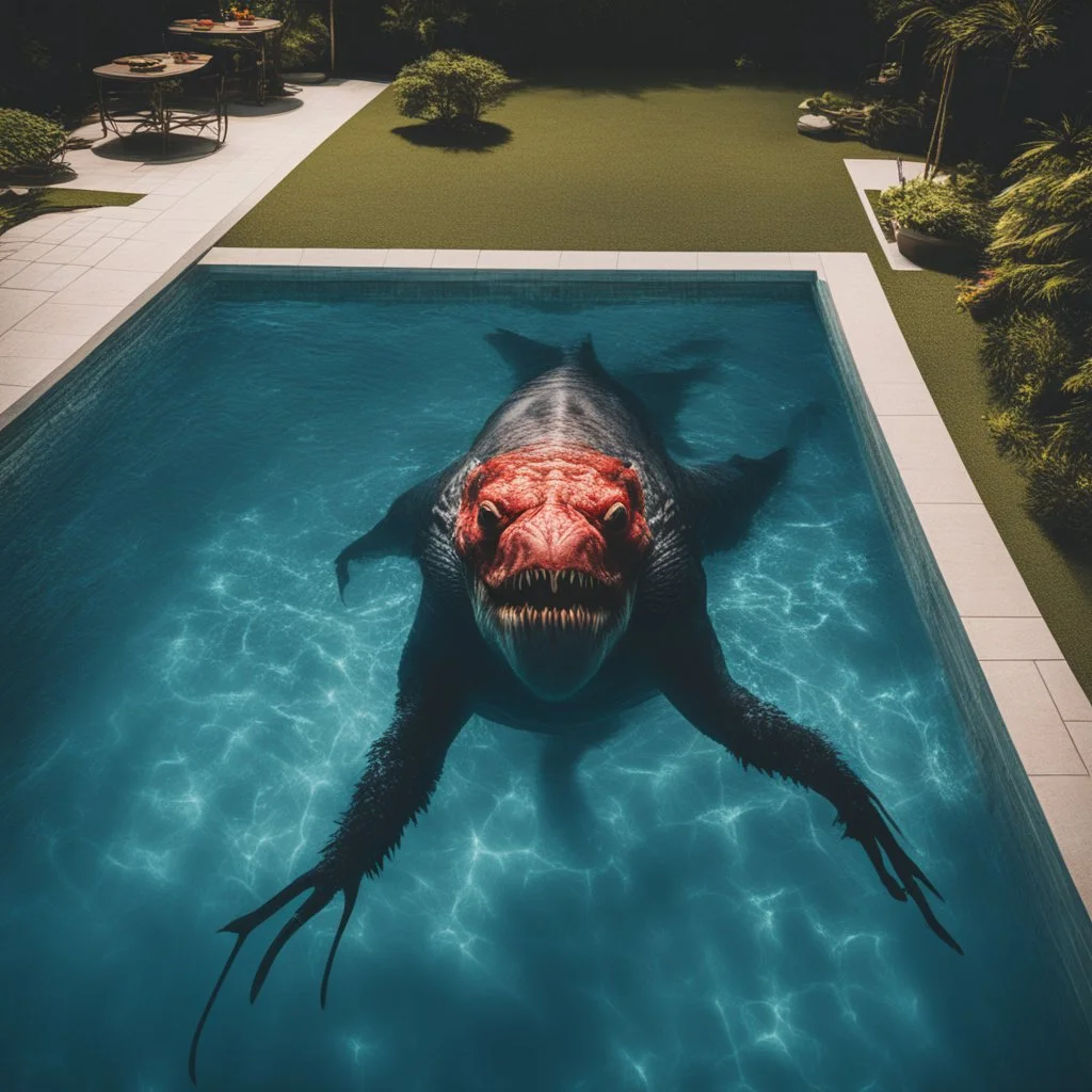 NOGI SAN style: Realistic top down view of large scary unknown monster swimming in backyard pool, thrilling, immersive lighting, high quality