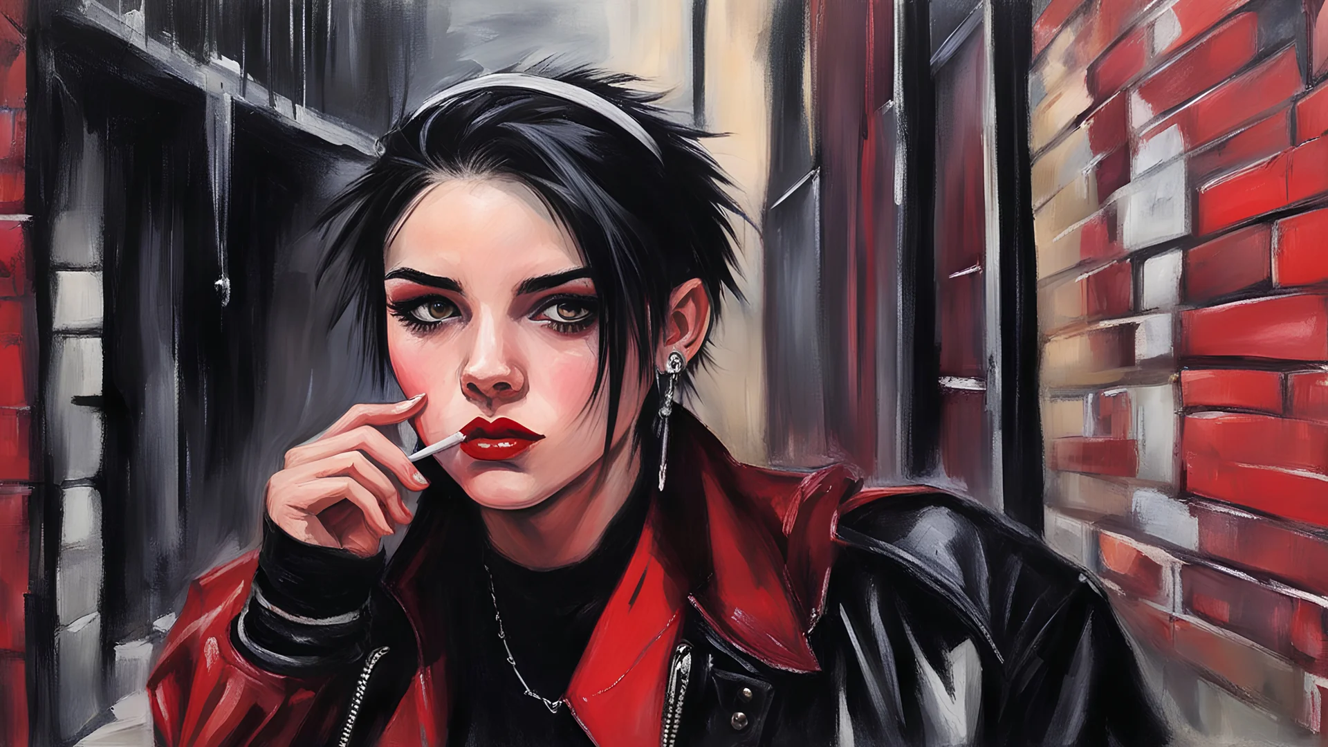 acrylic illustration, acrylic paint, oily sketch, Rebellious breton teen smoking in an alley, 1990s goth aesthetic, adolescent school girl, very short black dyed hair, sweatband, freckles, garnet red eyes, heavy black eyeliner, very strong, athletic, lean physique, wearing a red leather jacket, tight black shirt, piercings, spiky choker, fishnet gloves, short skirt