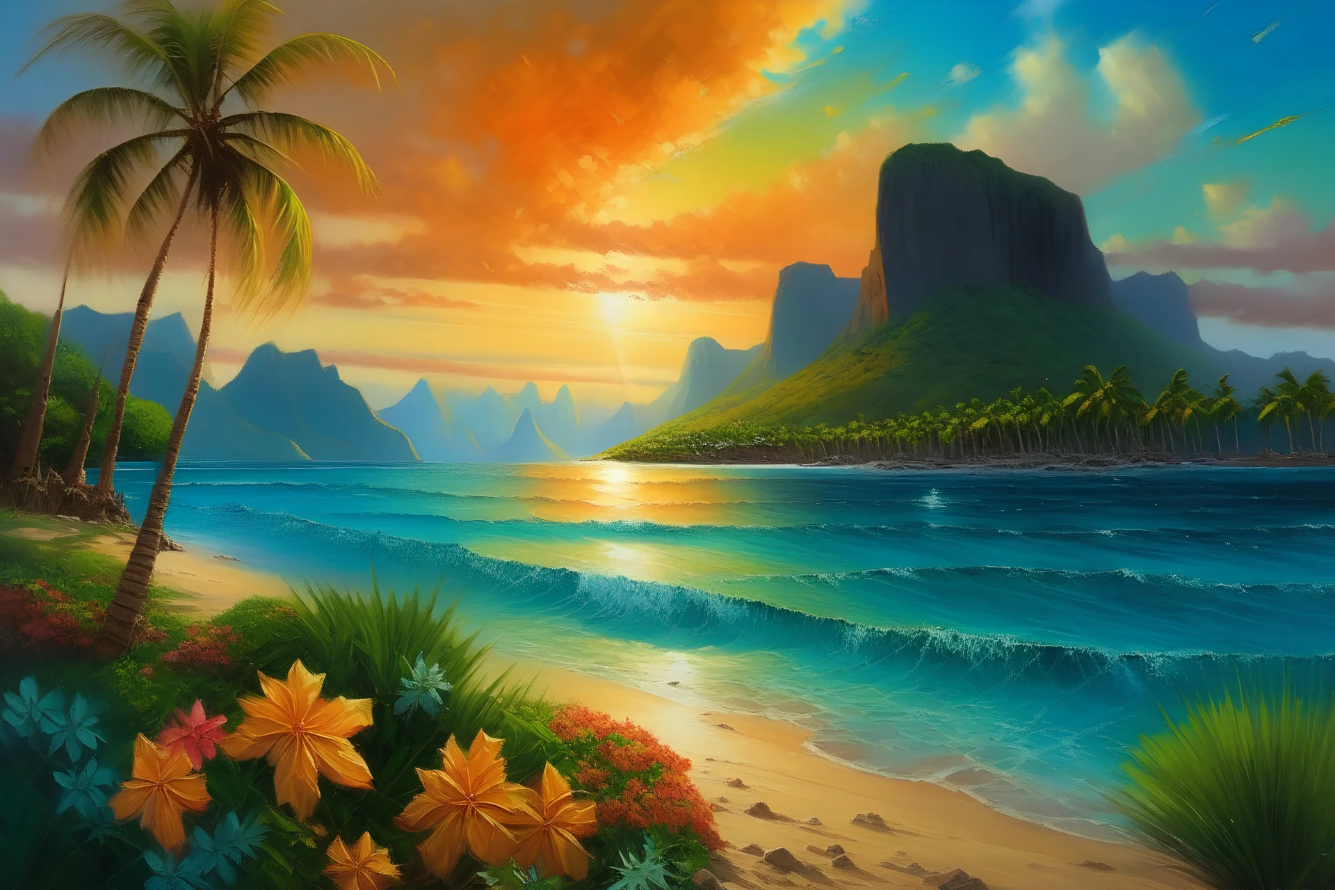 moorea beach stunning sunset turqoise sea color with coral transparent oil painting lots of flowers and palm trees golden sunset