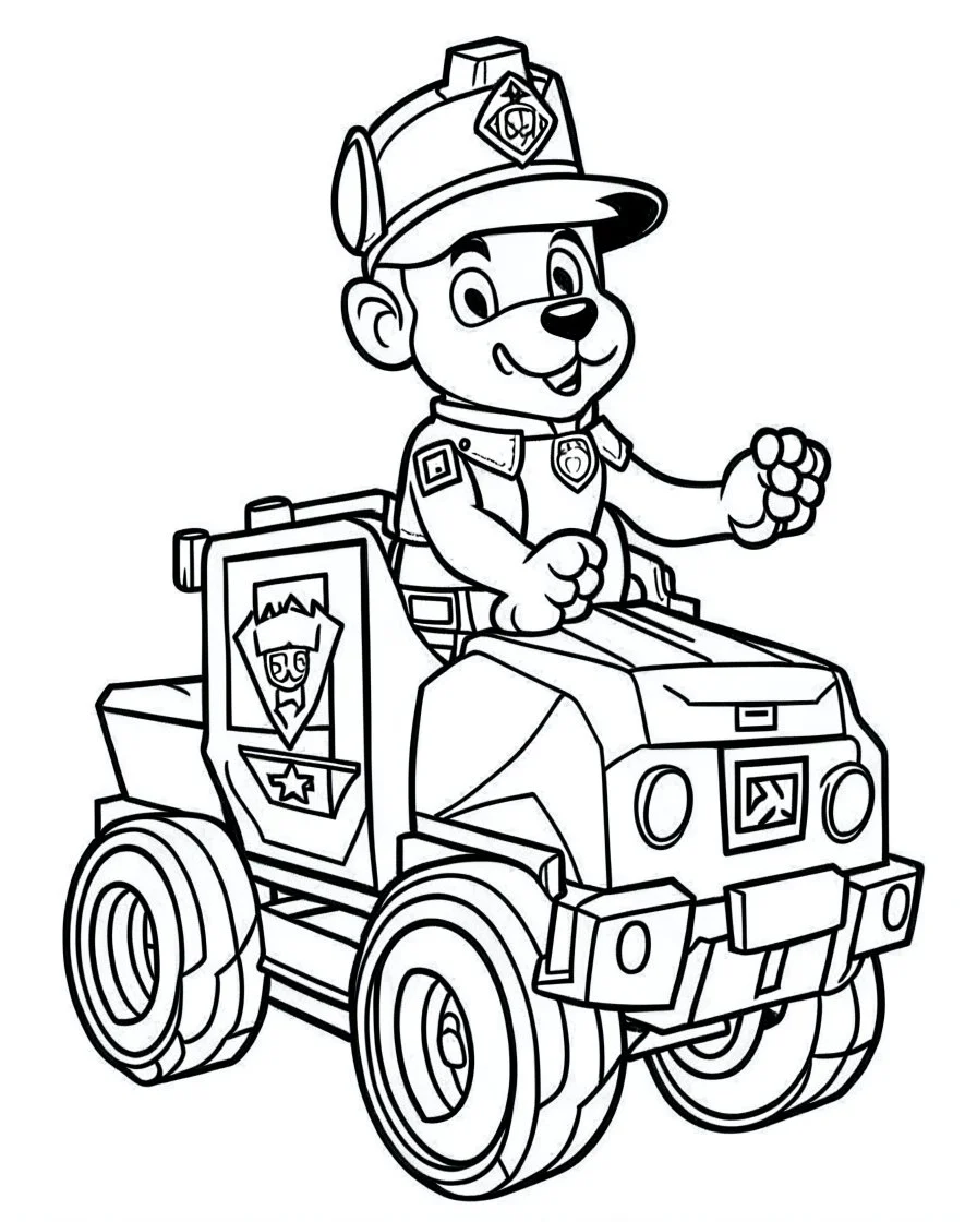 outline art for Paw Patrol Marshall With Fire Truck coloring page, Japanese manga style, cartoon style, cute face, white background sketch style, full body is a must, only use outline, clean line art, no shadow, bold outline