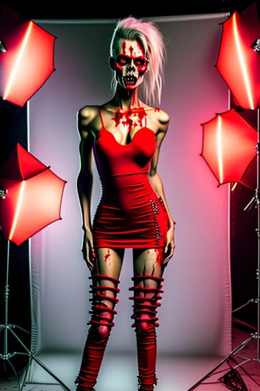 12k ultra-high-definition rendering of a zombie model in a photo studio ,The zombie, adorned in a red ripped tight dress, ripped sideways from top to bottom, long slit, shoes are fashionable platforms, big gun on side thigh, exudes a sinister aura under the studio's dark and mysterious lighting