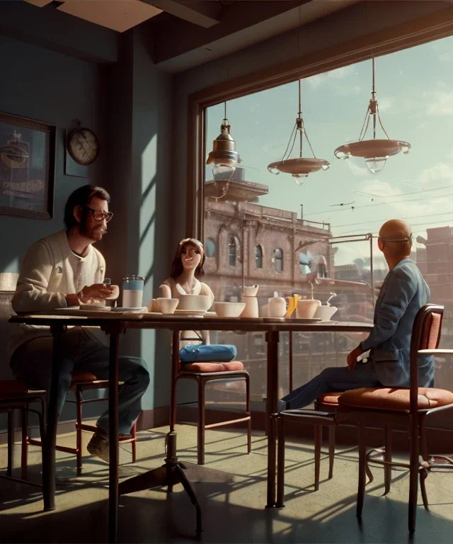 Realistic scene, American shot view, 0 gravity, levitating man and woman sitting in cafeteria and having breakfast, Wes Anderson, fly, floating, soft color, highly detailed, unreal engine 5, ray tracing, RTX, lumen lighting, ultra detail, volumetric lighting, 3d, finely drawn, high definition, high resolution.