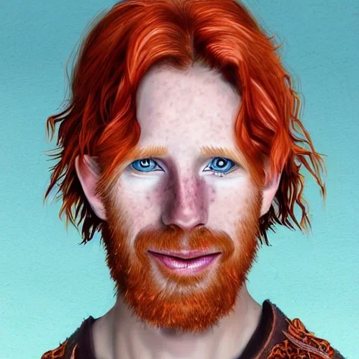 Portrait of young Courtney Gains as a ruggedly handsome, joyful, roguish pirate, charismatic, attractive male, masculine, perfect, precisely detailed clear eyes, unblemished, flawless skin, softly freckled face; meticulously detailed multi-hued ginger carrot-colored cherry fire red hair; fantasy, intricate, elegant, highly detailed, digital painting, concept art, matte, sharp focus, illustration, art by artgerm and greg rutkowski and alphonse mucha