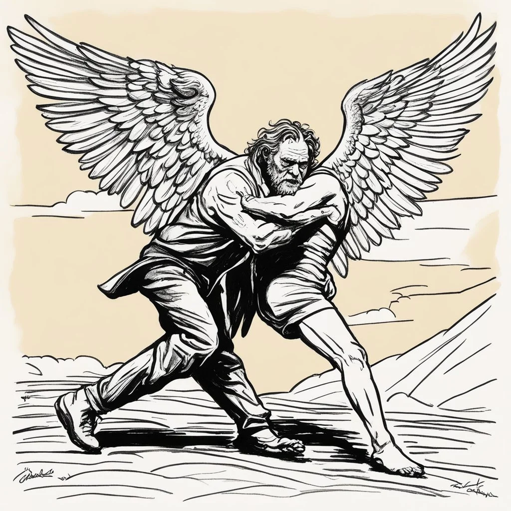 [art by Charles Bukowski] Jacob wrestling with angel