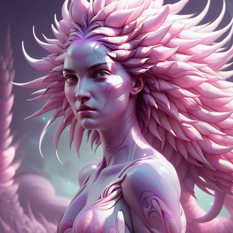 extraterrestrial being, alien, female, bipedal, otherworldly, pastel pink fur, large lavender eyes, highly detailed, Greg Rutkowski,