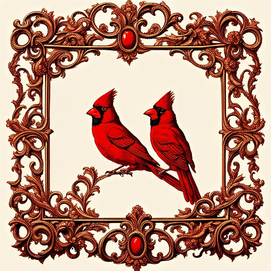 An ornate vintage picture frame crafted from antique gold with intricate baroque scrollwork and delicate filigree details. Vibrant red cardinals with black-masked faces perch gracefully along the ornamental corners and sides, while ethereal white-winged angels with flowing robes are nestled between the decorative flourishes. The frame's bottom edge features elegant cursive script in deep burgundy that reads "When Cardinals appear, Angels are near" flowing seamlessly along the golden molding. Sof
