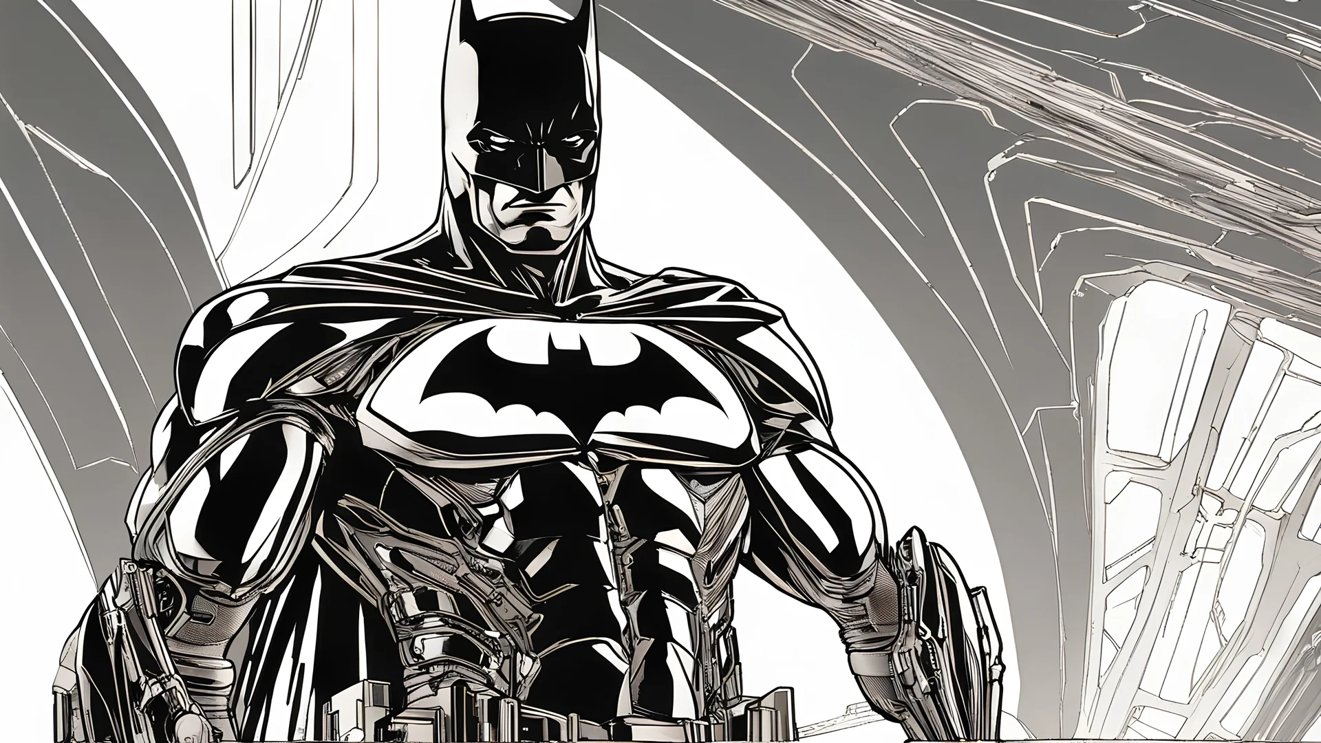 A technologically enhanced Batman, clad in a cutting-edge suit forged from advanced titanium and stainless steel, exudes an air of futuristic prowess. This exquisite image, presumably a digital illustration, showcases the Dark Knight in a dynamic pose, with sleek contours and intricate mechanical features meticulously rendered. The suit gleams with a flawless metallic sheen, accentuated by luminous LED lights that trace its contours. As the light dances across the reflective surfaces, it highlig