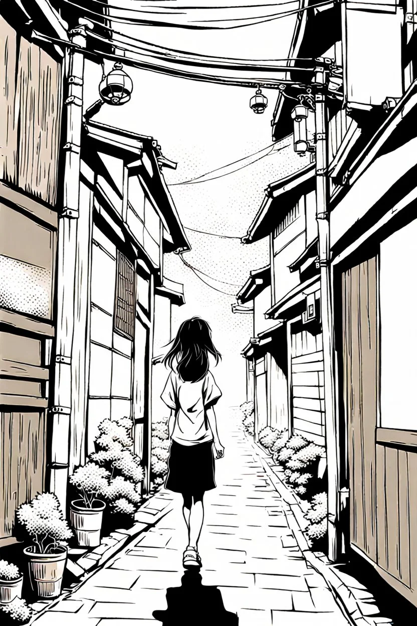 young girl walk thought Japanese alleys, line arts, manga style