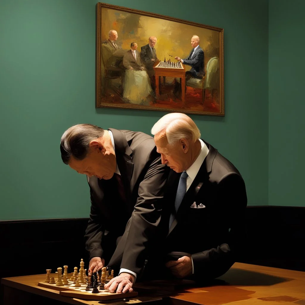 Putin, President Xi Of China And Joe Biden Play Chess With A Pigeon,Ufo And Atomic Bomb Mushroom Cloud,Complex Surgical Instruments Intermixed With A Newborn Boy,Minimalism,Painting By Adrian Ghenie,Rene Magritte,Pablo Picasso,Michelangelo,Salvador Dali,Lucian Freud