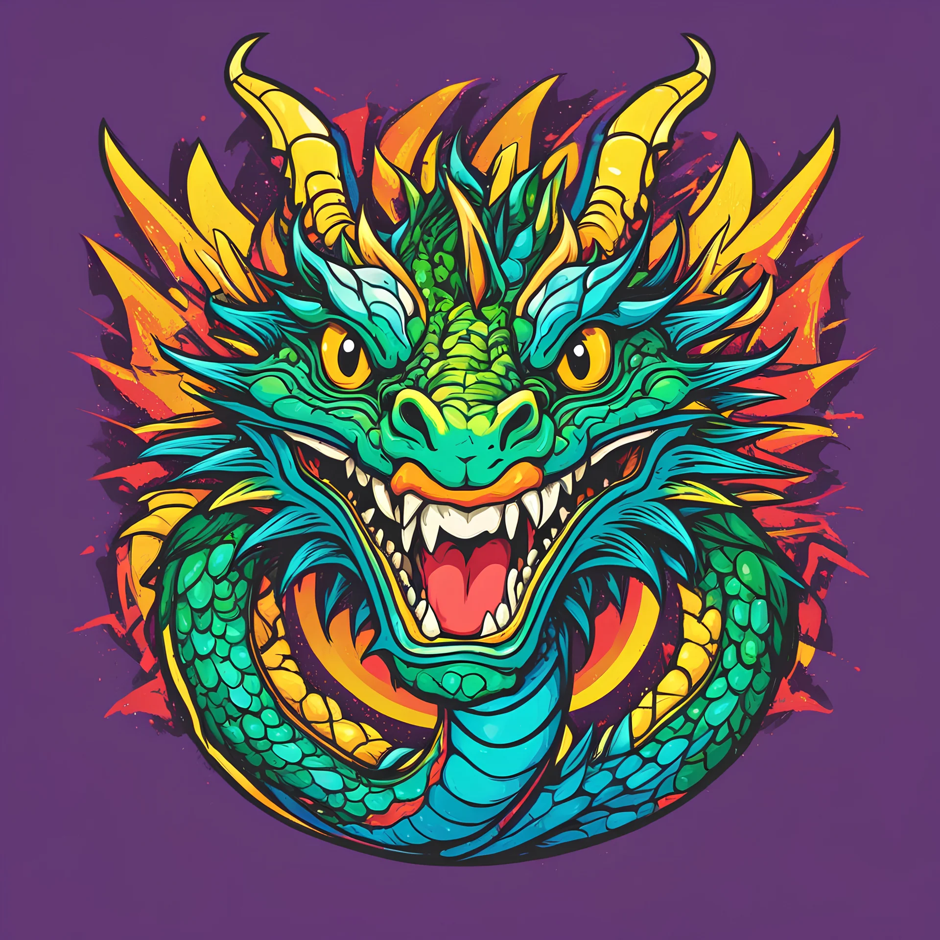 Smiling Dragon logo, pop-art colour, symetric line, straight line vector