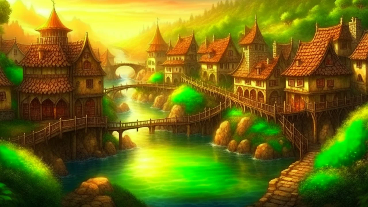 Fantasy art: fantasy village on the river with dam