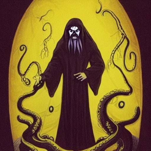 Picture of Cthulhu with white skin and a beard made of fleshy tentacles as a Russian Orthodox nosferatu vampire with yellow eyes and vampire fangs