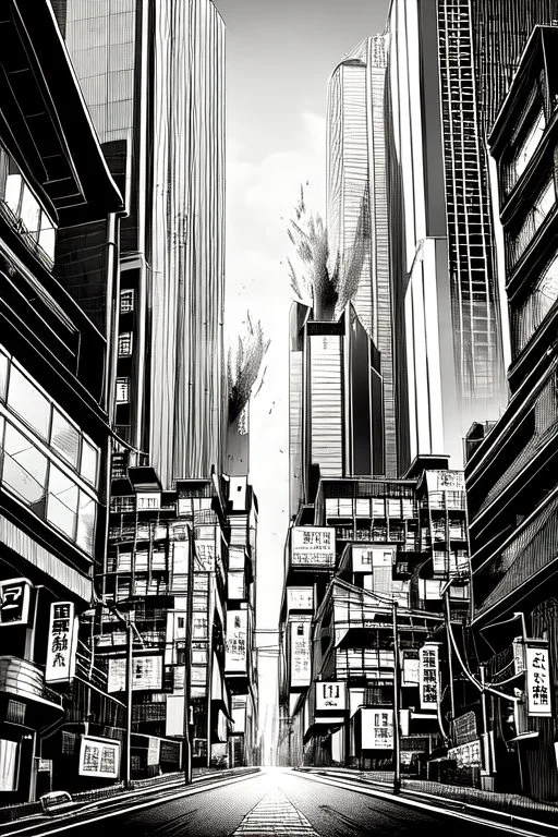 multiple explosions, buildings of Tokyo greyscale