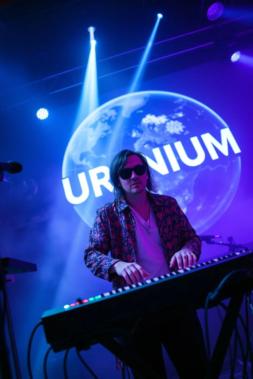French cool synth player, he is called "Jean-Maurice Brûlée" performing at dance club, his name is "Jean-Maurice Brûlée" , white and blue Neon lights and smog, an earth is projected in background, and "URANIUM" big sign on the wall, he is playing on synthesizers on stage with lot of laser beams and wearing black sunglasses,