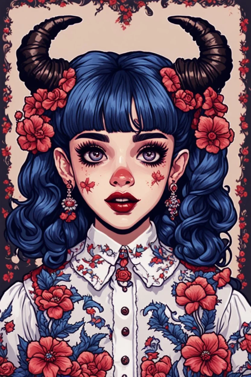 wears a smart shirt which is embroidered with bluered flowers and ornaments, has dark eyes and horns,Poster in two gradually, a one side malevolent goth vampire girl face and other side the Singer Melanie Martinez face, full body, painting 90's movie , pixel art , for a retro gaming 2D style, darkblue and sepia tones,