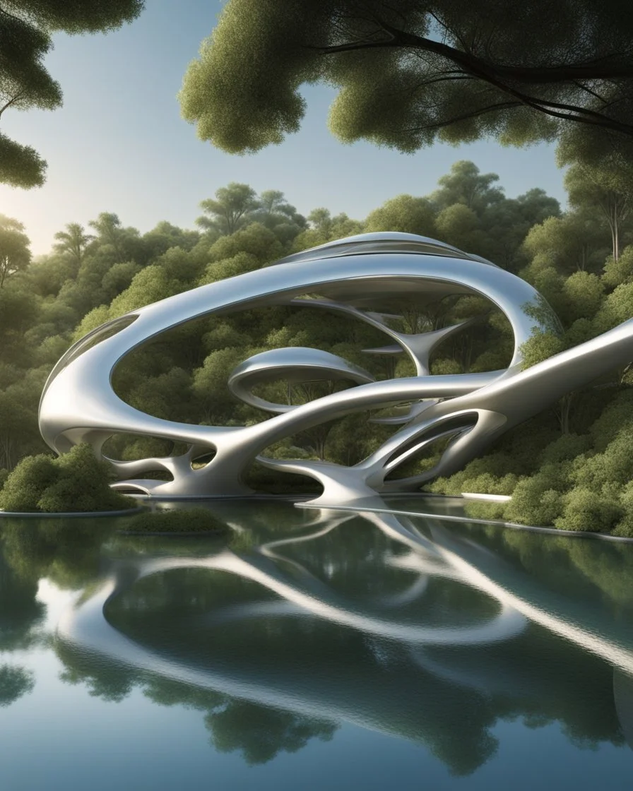 Stunning futuristic architectural masterpiece, biomorphic organic structure that combines nature and technology. A futuristic city, with polished chrome buildings and curved glass windows, fascinating summer weather. Intricate details, curved arch and cantilevered sections. A surrounding lake dotted with lush coconut trees, outside grass mounds and cascading water feature. organic architecture