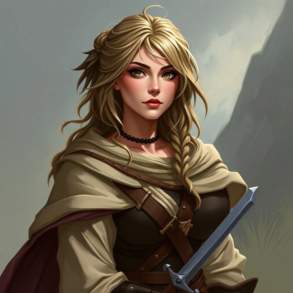 a pretty middle-aged woman, medieval, fantasy, mercenary, elven, digital art, stylised