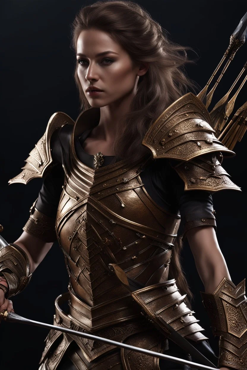 female warrior holding a nocked bow and arrow wearing bronze armour dark fantasy Realistic 4k