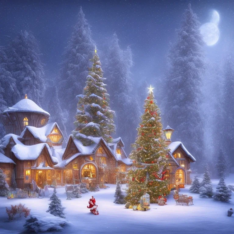 foto realistic winter house with a illuminated christmas tree and santa claus bringing presents in the night