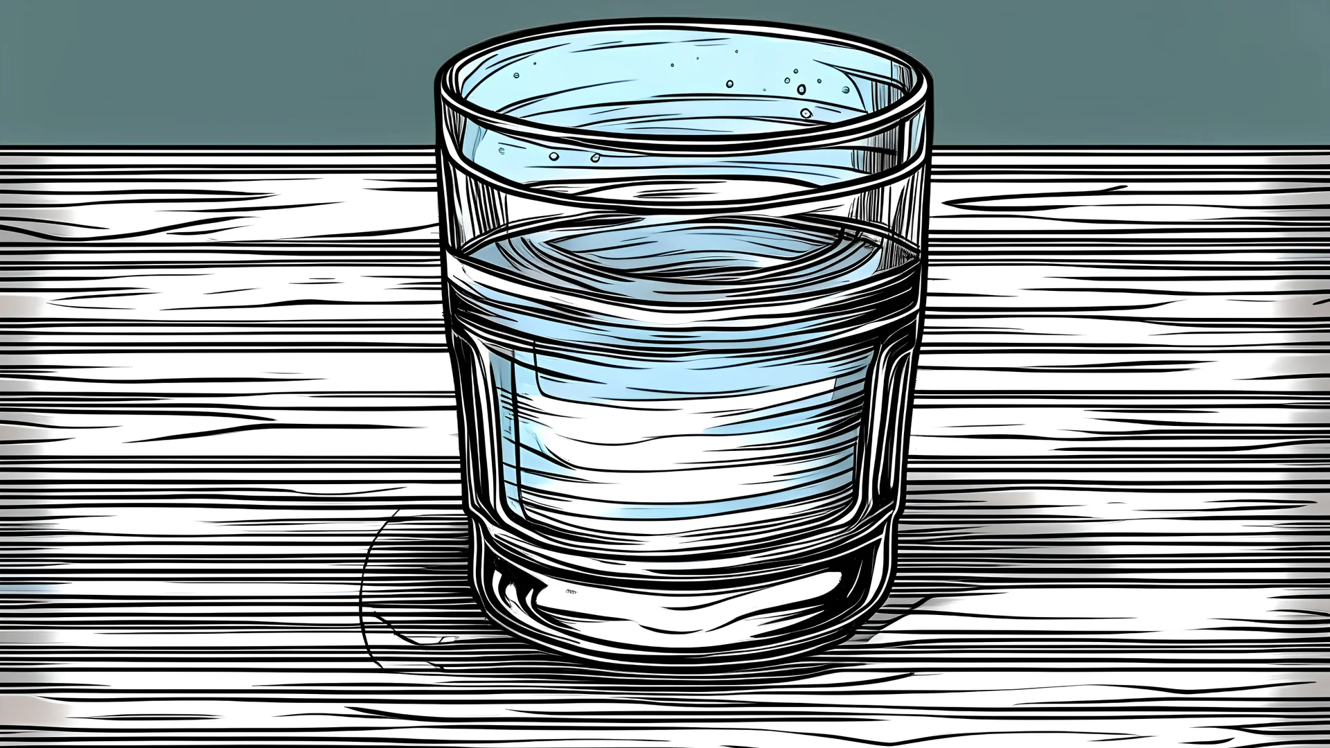 A glass of water on a wooden table. The surface of the water rippling. Hand drawn illustration