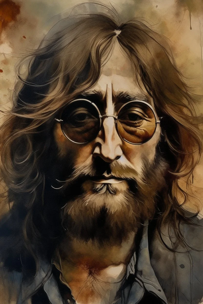 an expressive painting of long hair and beard John Lennon with dark glasses, we might see a companion with features of absolute strength and determination, blended with warmth and deep faith. Perhaps his face expresses wisdom and courage, with eyes radiating confidence and faith.