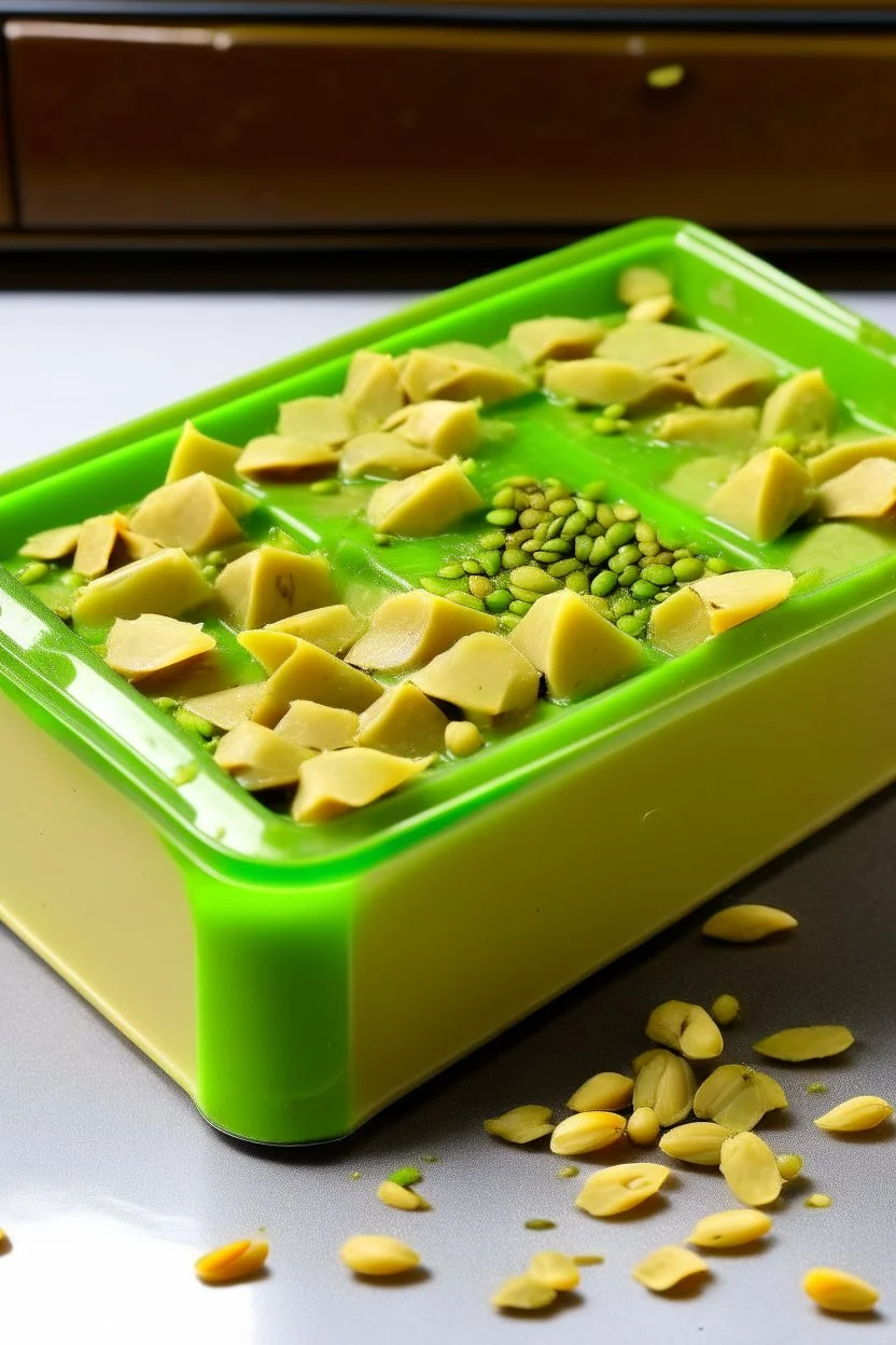 A plastic box of halva with small pistachio pieces around it