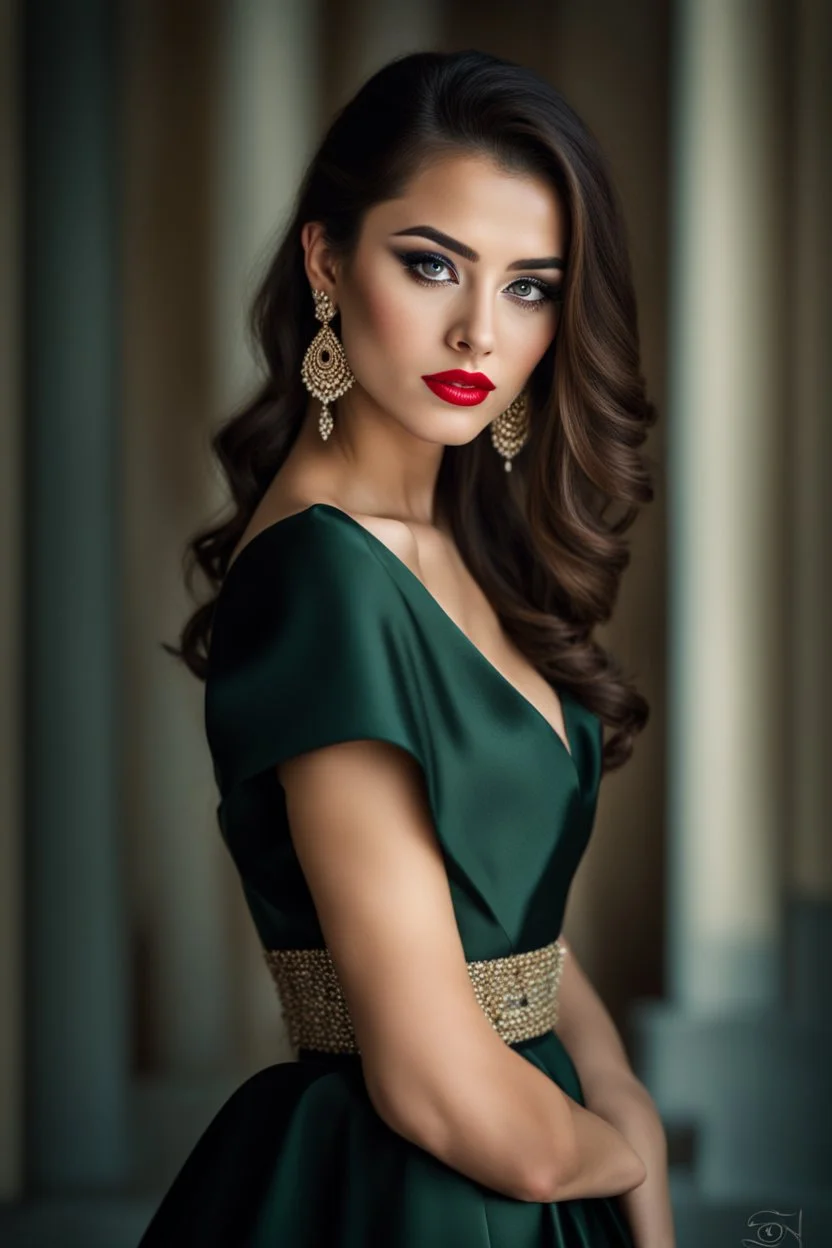 full length, young woman Portrait, detailed eyes, with spectacular red lips, Eyeliner "beautiful eye" with clear eyebrows, dress with a narrow waist, modest jewelry with subtle eyeliner, centered, symmetry, intricate, volumetric lighting, beautiful, rich deep colors masterpiece, sharp focus, ultra detailed, 8K, dslr, no crop, grand ballroom background, normal eyes