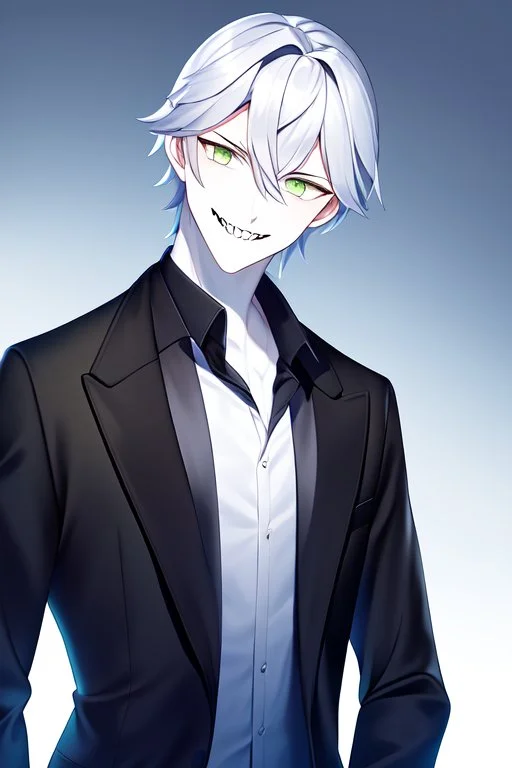 plauge doctor in balck leather coat and suit with silver hair, pale skin and bright green eyes smiling with sharp teeth, nice young face, male, viscious smile, face close look