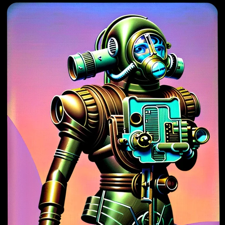 90's retro scifi art of a steampunk diver with big armor