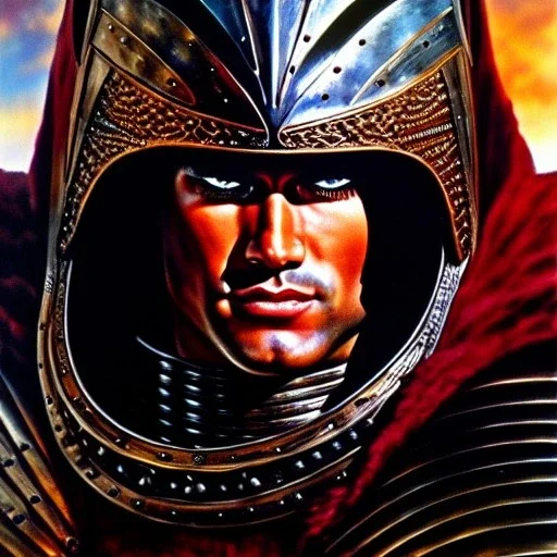 portrait of 'Guts-Berserk',ancient metal armor,painting by Earl Norem, simon Bisley, evan lee, 86-86, oil on canvas, cinematic composition, extreme detail,fit full head inside picture,8k