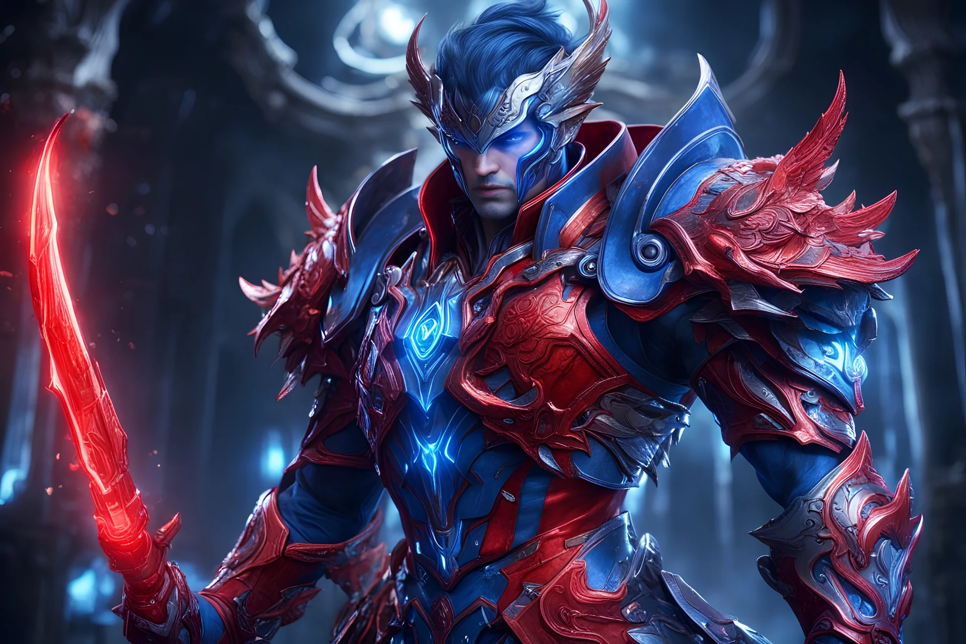 Aion Warrior in a mega cool iron super blue + Red suit with on his arms and shoulders, hdr, (intricate details, hyperdetailed:1.16), piercing look, cinematic, intense, cinematic composition, cinematic lighting, color grading, focused, (dark background:1.1)
