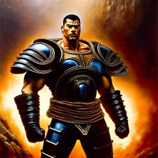 portrait 'Thouzer-Fist of the north star',ancient metal armor ,painting by gaston bussiere, greg rutkowski, yoji shinkawa, yoshitaka amano, tsutomu nihei, donato giancola, tim hildebrandt, oil on canvas, cinematic composition, extreme detail,fit full head inside picture,16k