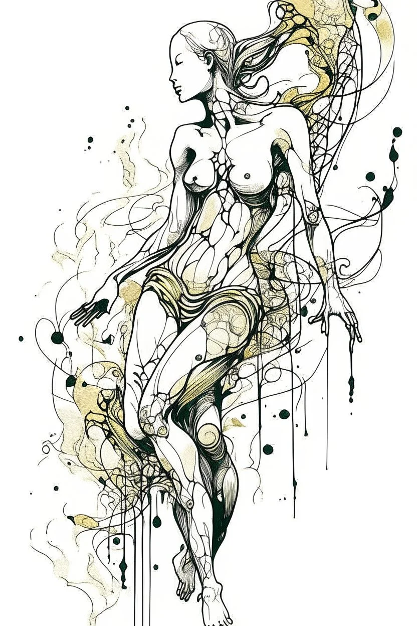 Ink drawing graphics venus excitante figures , line drawing, white background, negative space, splashes of soft colours