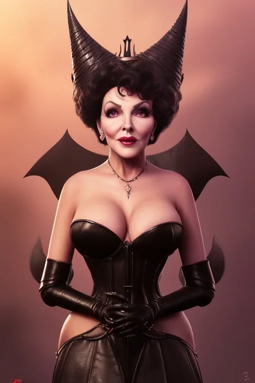 Joan Collins as evil queen in black leather, leather, busty, cleavage, angry, stern look. character design by cory loftis, fenghua zhong, ryohei hase, ismail inceoglu and ruan jia. unreal engine 5, artistic lighting, highly detailed, photorealistic, fantasy