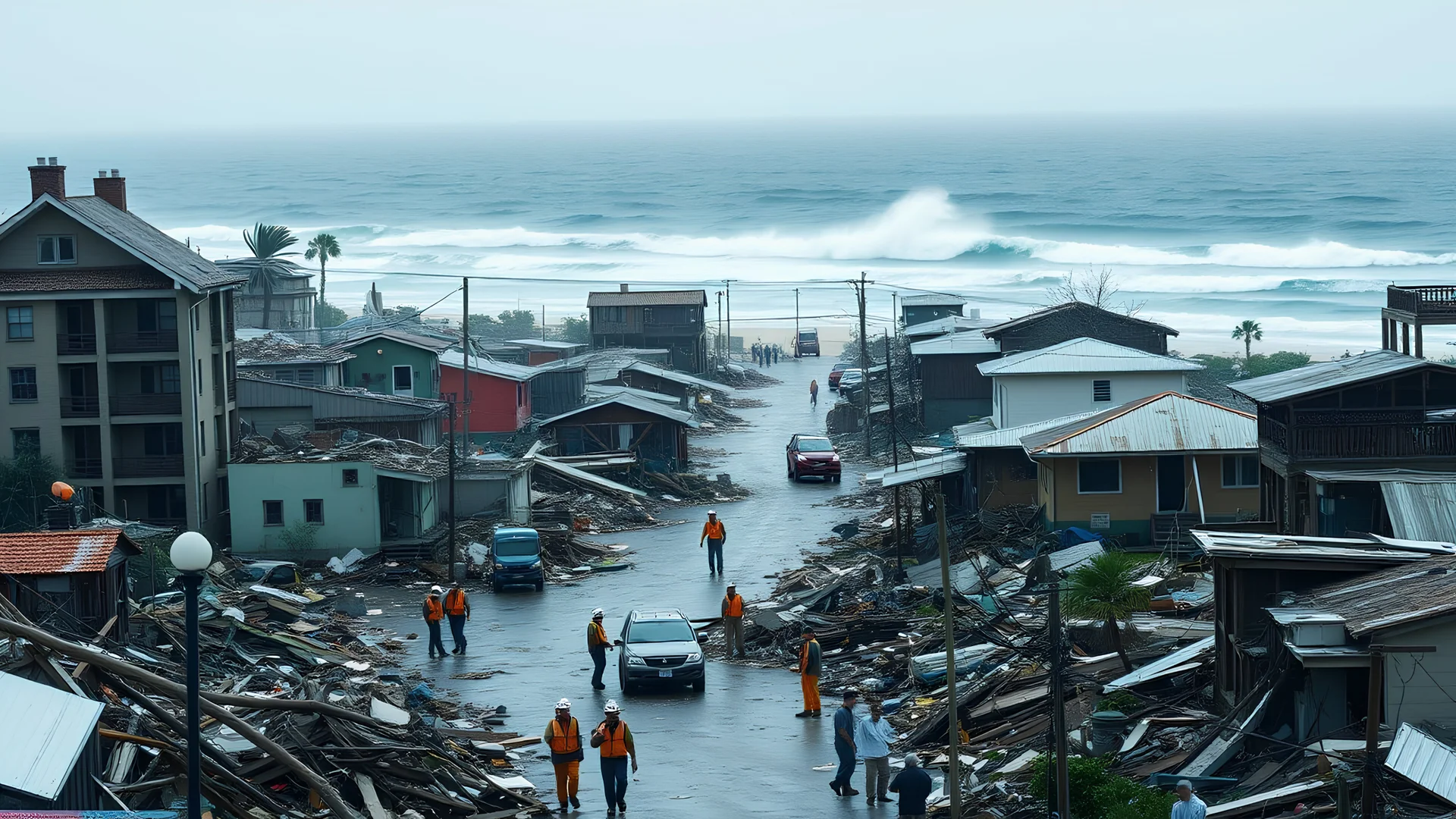 Climate emergency. A coastal town in ruins after a massive hurricane. Buildings are demolished, debris litters the streets, and rescue workers search for survivors amidst the wreckage. The ocean roars ominously in the background. Beautiful award-winning photograph, shocking, rule of thirds, balanced delightful composition, perfect lighting, superb detail, 16k render