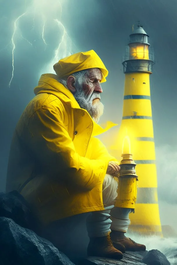 portrait of old seafarer smoking pipe, sitting in yellow raincoat on rocks beneath an unreal bright white lighthouse, storm clouds, volumetric fog, lightening, volumetric light,depth of field, fantasy art, 4k, highly detailed, sunbeam