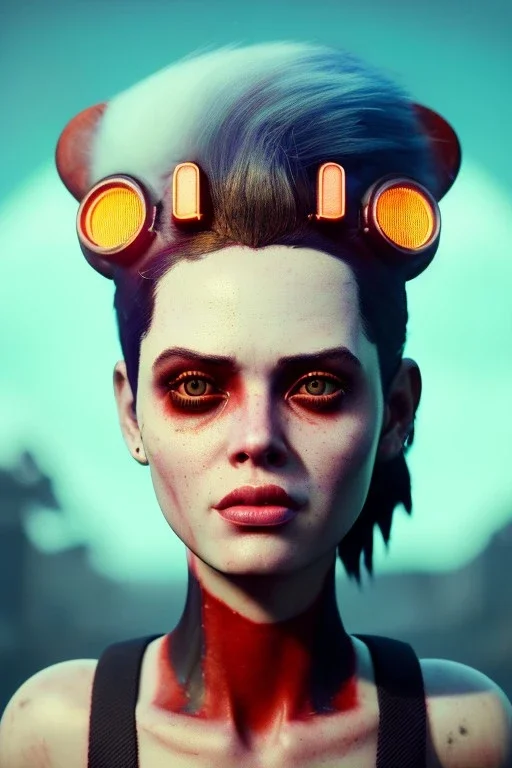 Fashion Portrait, tank girl pin-up, make up, natural busty, retro futuristic style, glow eyes, cinematic, Ultra realistic, wide angle view, soft color, highly detailed, unreal engine 5, ray tracing, RTX, lumen lighting, ultra detail, volumetric lighting, 3d, finely drawn, high definition.