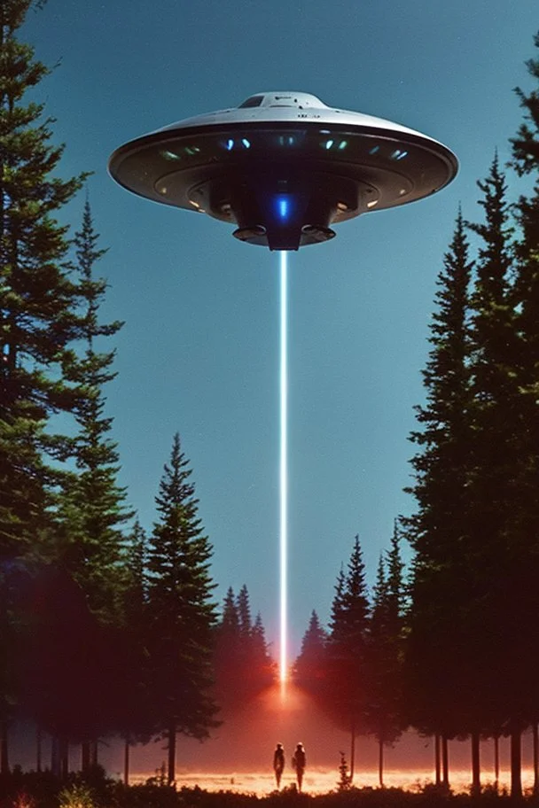 year is 1966 (a bunch of school kids) see ufo flying over tall pine trees, concept art, by Asaf Hanuka, by Weta Digital, Electric Colors, Screen Space Global Illumination, in a symbolic and meaningful style, 3 large lights underneath ufo glow with intense fury