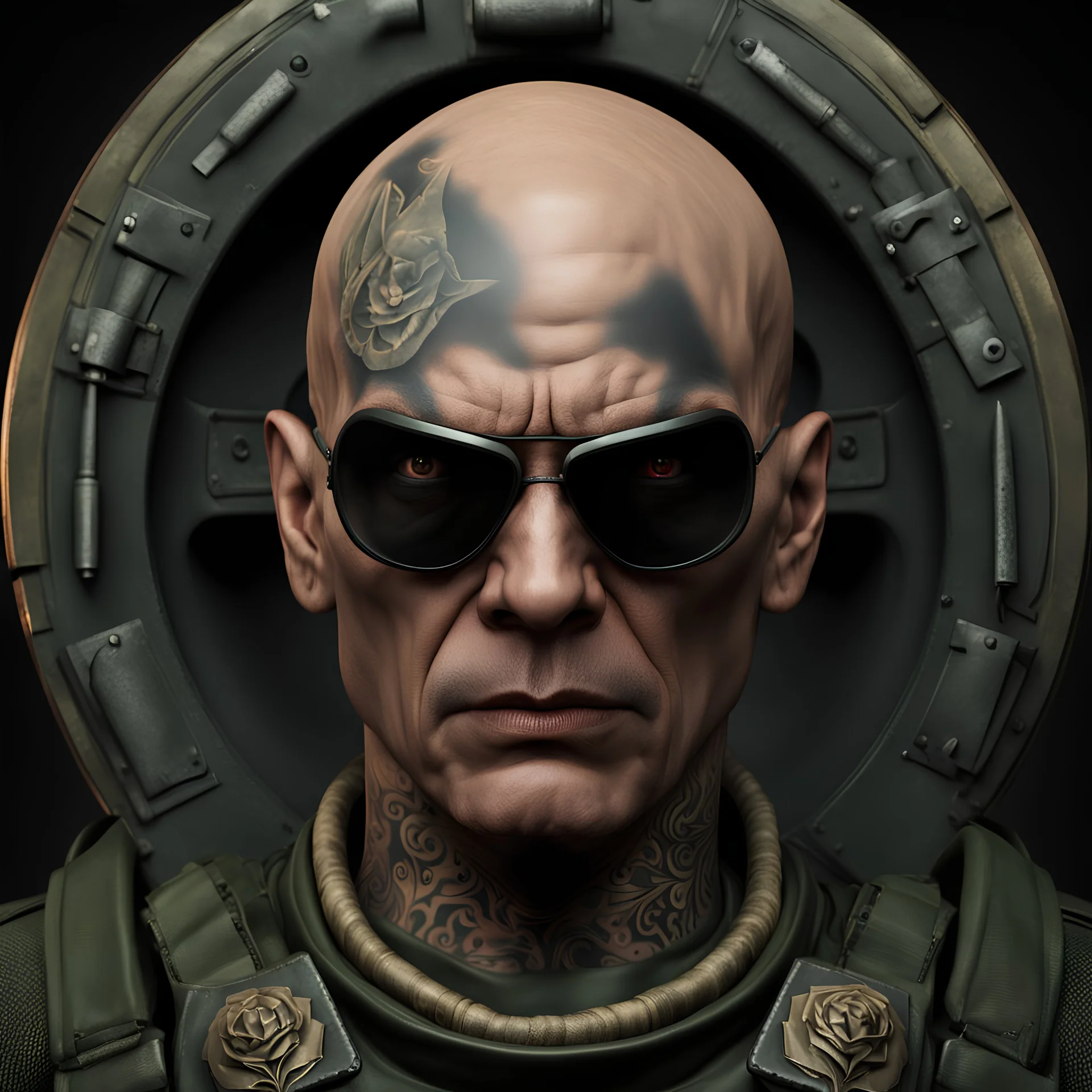 portrait of a 50 year old evil soldier. sneering expression, bald with tattoos, photorealistic, 4k