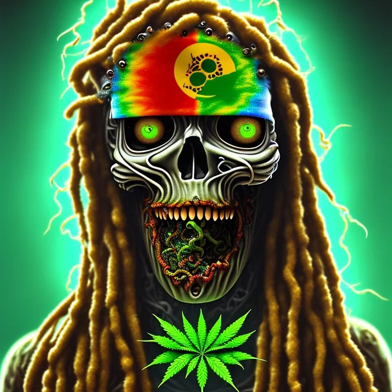 Corps entier Zombie rastafary iron maiden feuille cannabis, yeux rouges, bandeau couleur rasta,4k, couleur chaudes, plage et explosion nucléaire en fond image