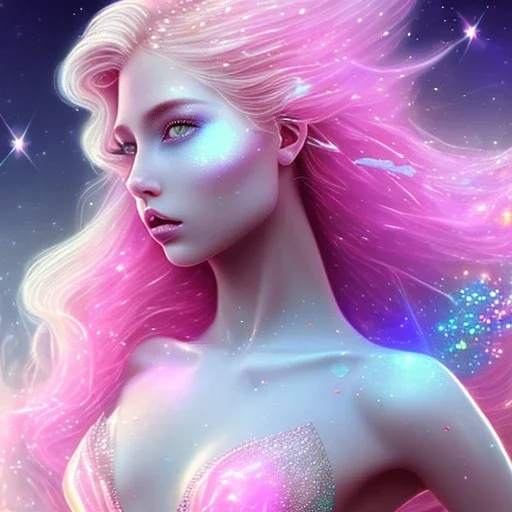 one big crystal glitter pink blue subtle galactic fairy in a galactic ambiance,glitter bikini, long blond hair down to the ground,transparent petals,blue eyes,delicate colors in the foreground, full of details, smooth，soft pink violet light atmosphere, light effect，vaporwave colorful, concept art, smooth, extremely sharp detail, finely tuned detail, ultra high definition, 8 k, unreal engine 5, ultra sharp focus