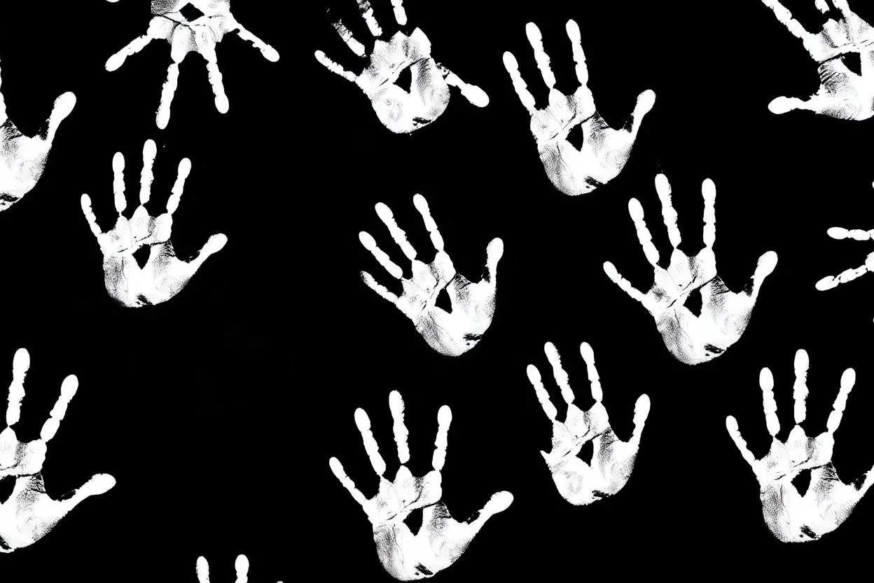 multiple white hand prints on a solid black background. some hand prints leave streaking finger marks as if they were dragged