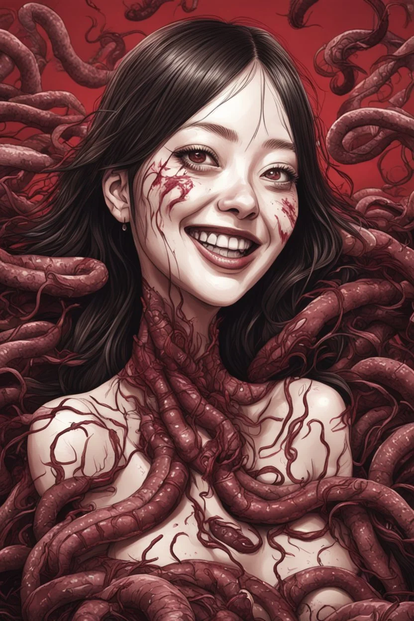 Woman smiling meanwhile many worms streaming from his eyes, siting pose, fullbody, Junji Ito style, darkred tones, high detailed, 4k resolution, digital paiting,