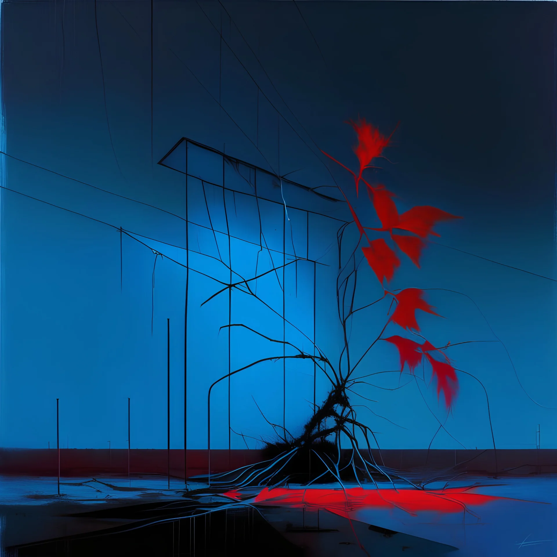 Minimal abstract oil painting of a neon large red leaf plant in desolate landscape brutalist architecture and hanging wires illuminated at night. With triadic blue colours. In the style of Justin Mortimer and Phil Hale, Ashley Wood