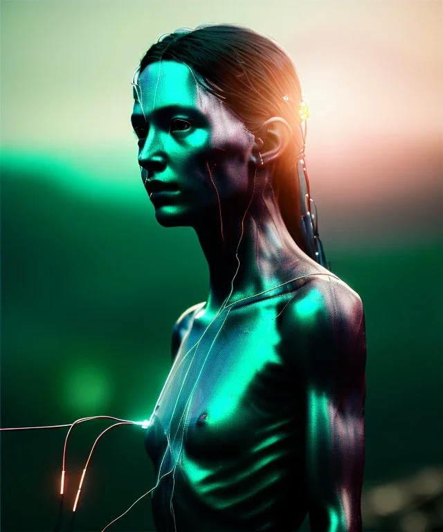 Ultra realistic photographic night portrait, cinematic, naked, long hair <sexy woman> <hanging wires> many wires coming out of the head <perfect pupil> <cyborg> <garage> <wide angle Shot> <sci-fi futuristic> <thriller>, fog, soft color, highly detailed, unreal engine 5, ray tracing, RTX, lumen lighting, ultra detail, volumetric lighting, high definition.