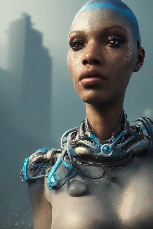 portrait,beautiful african robotic sirene, post-apocalyptic in a cyberpunk city, realistic, intriacte detail, sci-fi fantasy style, volumetric lighting, particales,highly detailed,cinematic, deep blue.