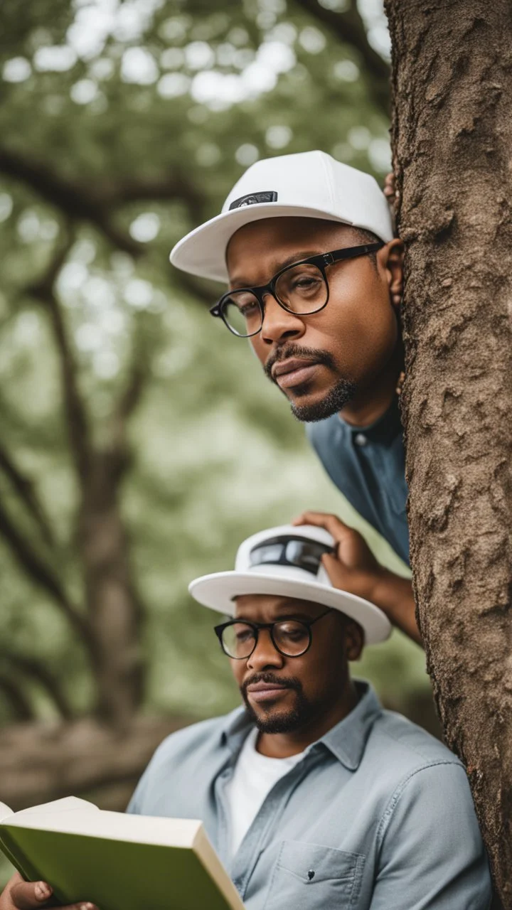 A man wearing a white Dad Hat, wearing glasses, and reading with a tree behind him, high resolution