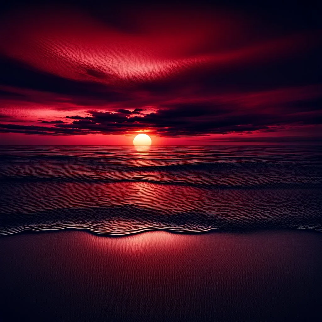 Beautiful dark red sunset over the sea shore at night, intricate, amazing, beautiful, realistic, ultra-high resolution, wide angle, depth of field, dynamic lighting –ar 1:2 –v 5